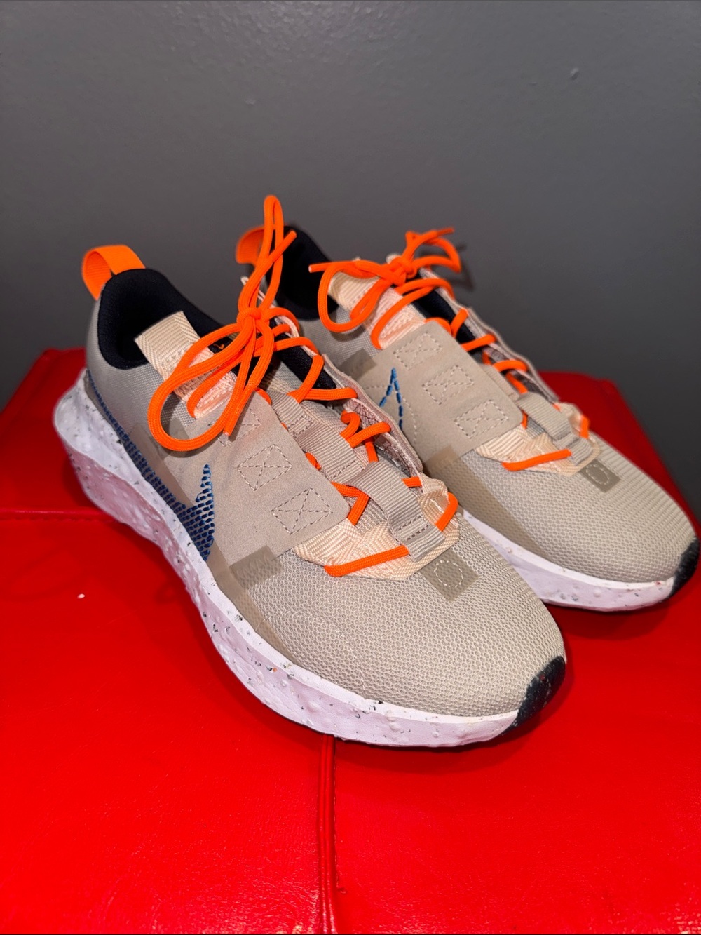 Nike Kids Tan Sneakers with Bright Orange Laces